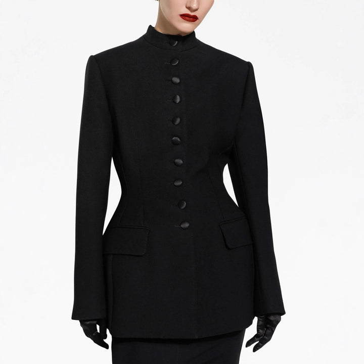 Damen Taillierter Blazer mit Stehkragen, strukturierter Schulter und dekorativer Knopfleiste Echoarchiv