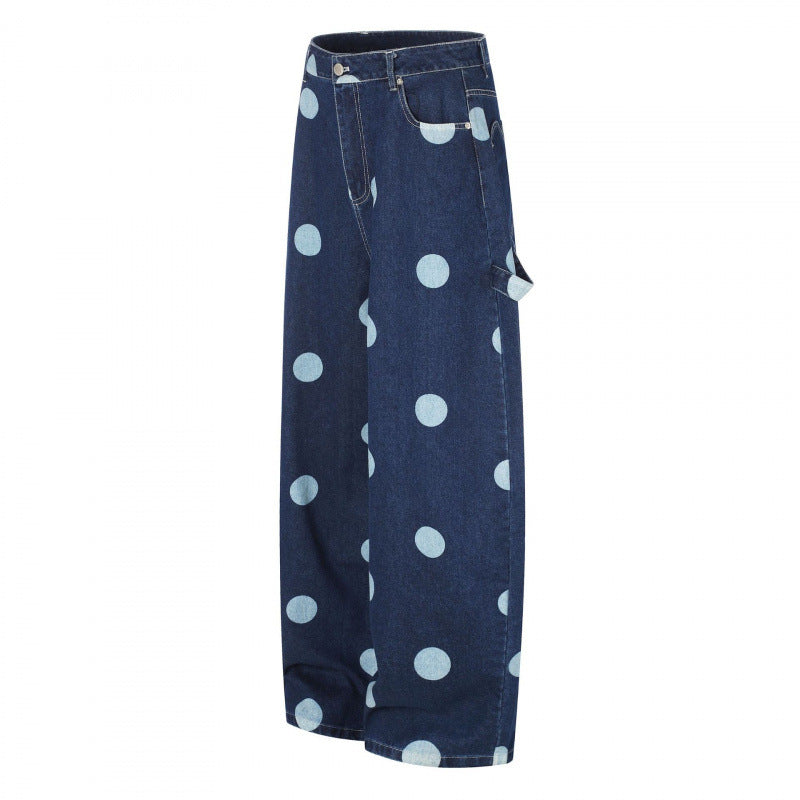 Damen Weite Cropped-Jeans mit hoher Taille, Polka‑Dot‑Print und Carpenter‑Details Echo Archiv