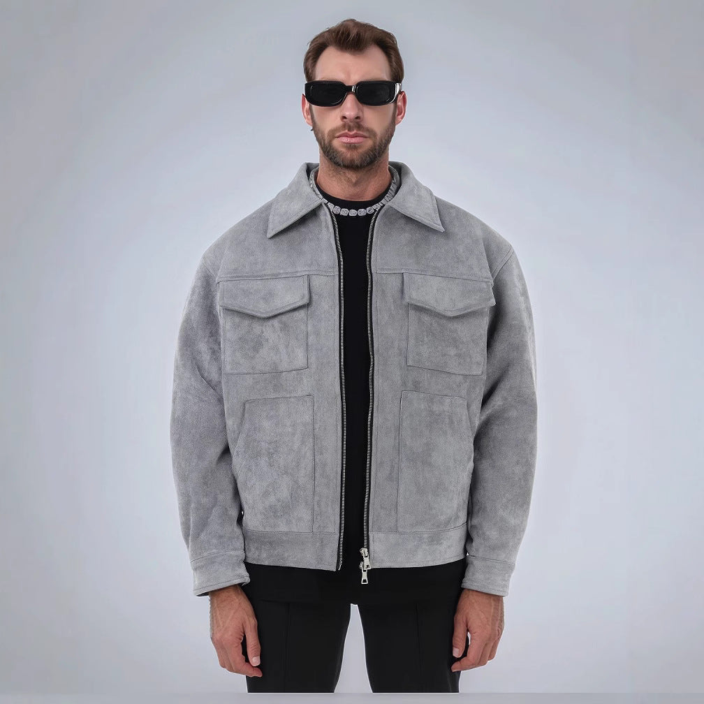 Herren modische Suede-Jacke mit aufgesetzten Taschen Echoarchiv