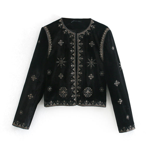 Damen Kurze bestickte Samtjacke mit Perlen- und Paillettenverzierung Echoarchiv