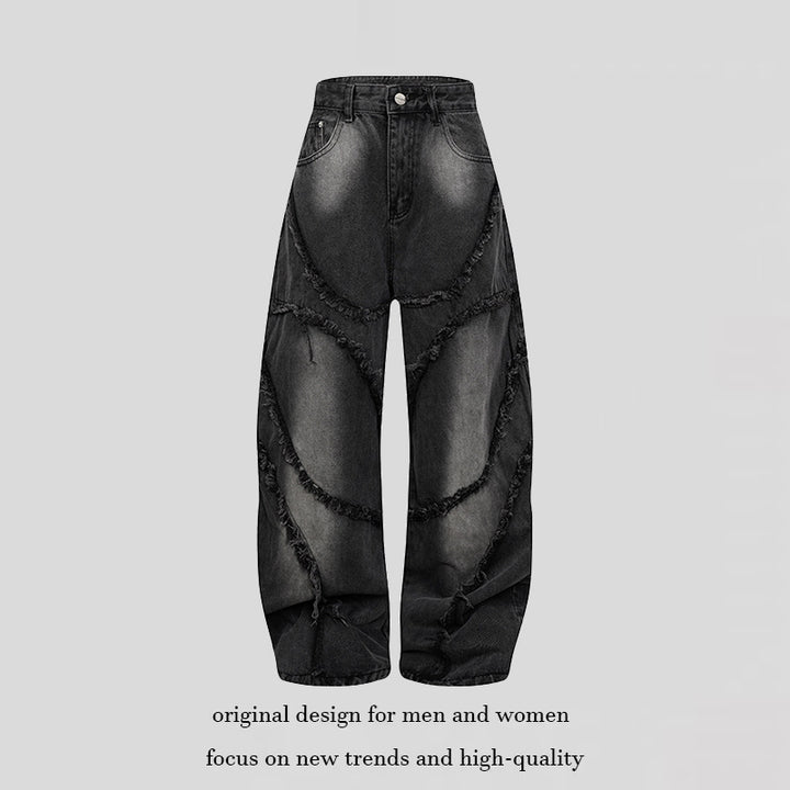 Damen Baggy-Jeans mit hohem Bund, ballonförmiger Weite und ausgefransten Patchnähten Echoarchiv