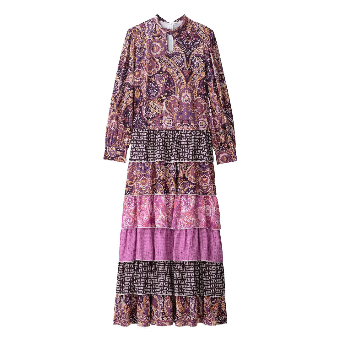 Damen nan gestuftes Maxikleid mit Paisley‑Patchwork, Schleifenkragen und langen Manschettenärmeln Echo Archiv
