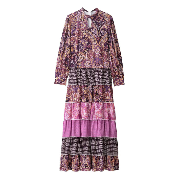 Damen nan gestuftes Maxikleid mit Paisley‑Patchwork, Schleifenkragen und langen Manschettenärmeln Echo Archiv