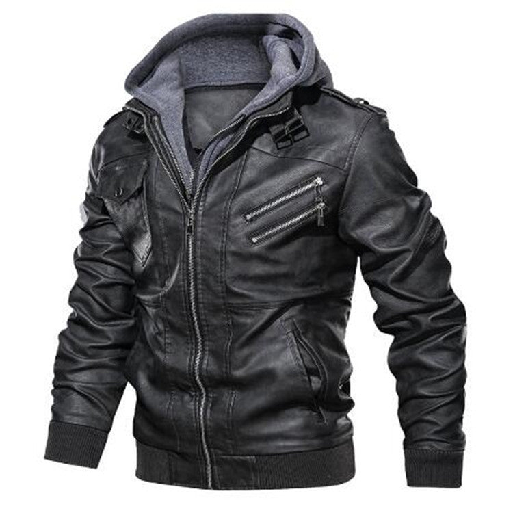 Herren Kunstleder-Bomberjacke mit integrierter Kapuze und Mehrfach-Ziptaschen – Brevano