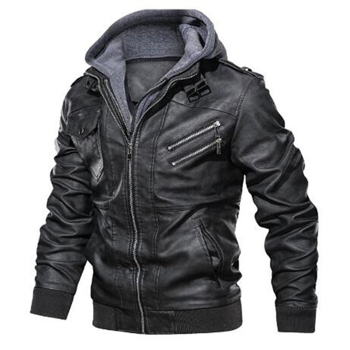 Herren Kunstleder-Bomberjacke mit integrierter Kapuze und Mehrfach-Ziptaschen – Brevano