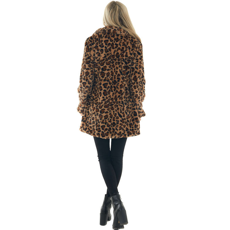 Damen Kunstfell Leopardenmuster Kapuzen Plüsch Mid-Length Mantel – Montévia