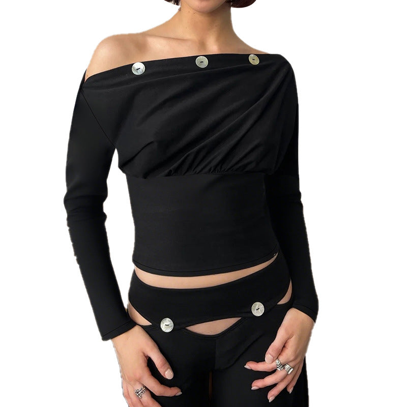 Damen One-Shoulder Langarm-Top mit taillierter Passform, elastischem Bund und Zierknöpfen – Avérine