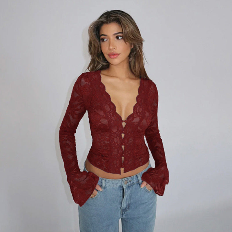 Damen Spitzenbluse mit tiefem V-Ausschnitt und langen Ärmeln Echo Archiv