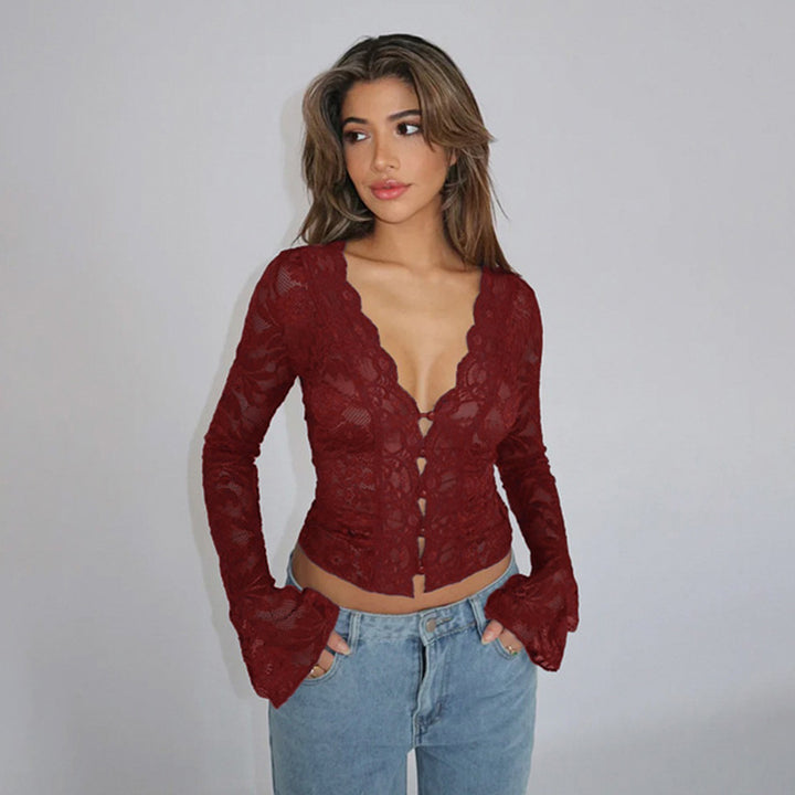 Damen Spitzenbluse mit tiefem V-Ausschnitt und langen Ärmeln Echo Archiv
