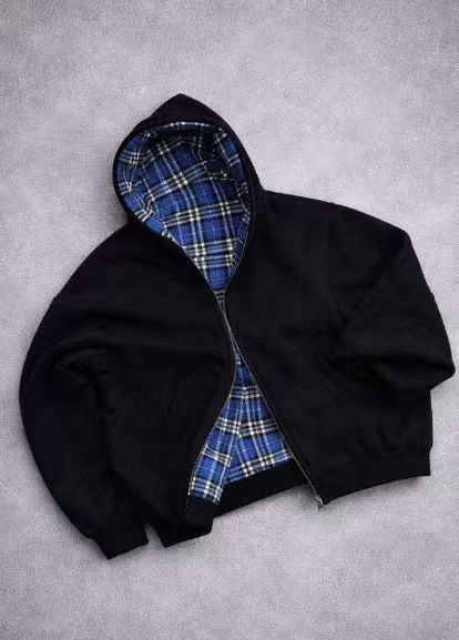 Herren gepolsterter Hoodie mit kariertem Futter und durchgehendem Reißverschluss Echoarchiv