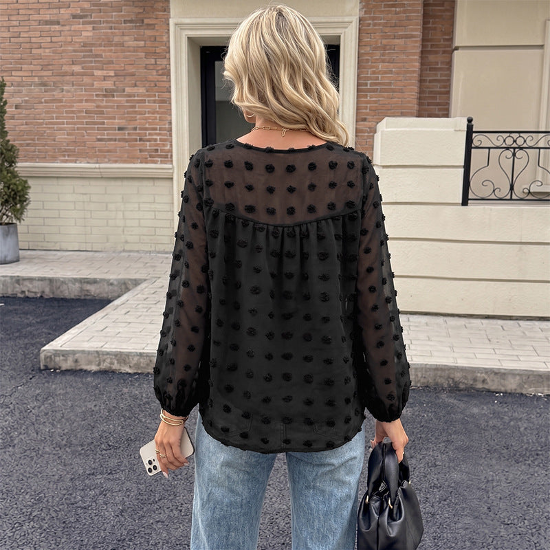 Damen Elegante Chiffonbluse mit 3D-Pompon-Applikation, V-Ausschnitt und elastischen Manschetten – Élovi