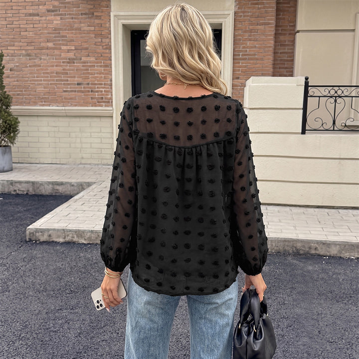 Damen Elegante Chiffonbluse mit 3D-Pompon-Applikation, V-Ausschnitt und elastischen Manschetten – Élovi