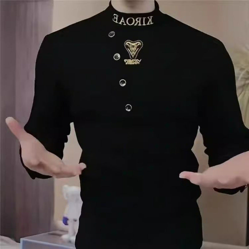 Herren Enganliegendes Langarmshirt mit Stehkragen, asymmetrischer Knopfleiste und Logo-Stick Echoarchiv