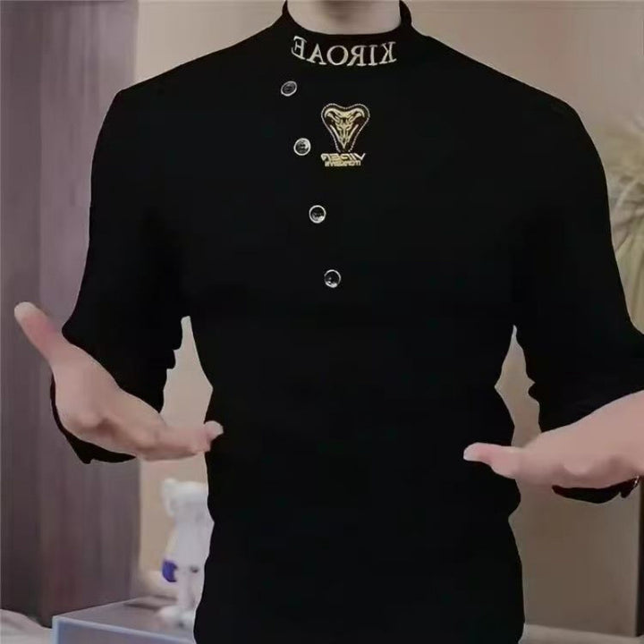 Herren Enganliegendes Langarmshirt mit Stehkragen, asymmetrischer Knopfleiste und Logo-Stick Echoarchiv