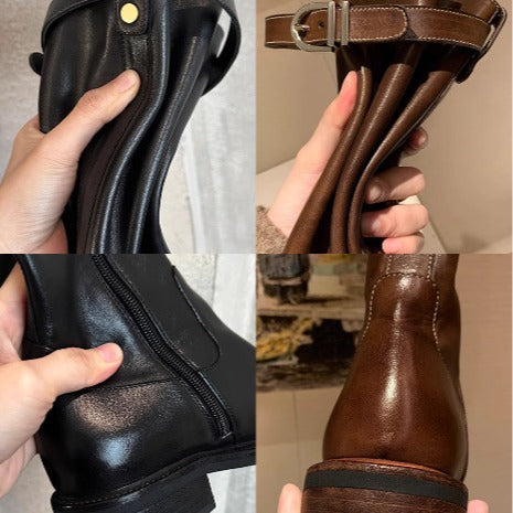 Damen kniehohe Lederstiefel mit flacher Profilsohle und Ziergurt Echo Archiv