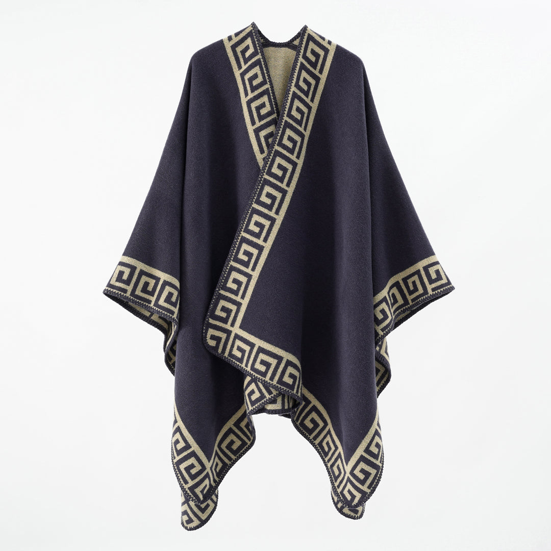 Damen Cape‑Poncho mit Mäander‑Bordüre und Wollmix‑Qualität – Montévia