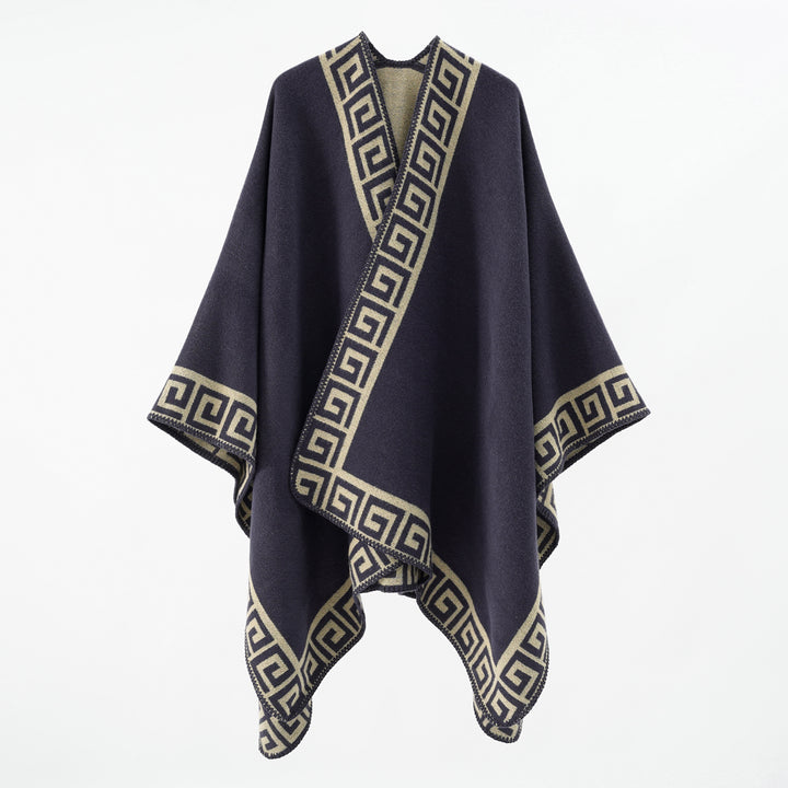 Damen Cape‑Poncho mit Mäander‑Bordüre und Wollmix‑Qualität – Montévia
