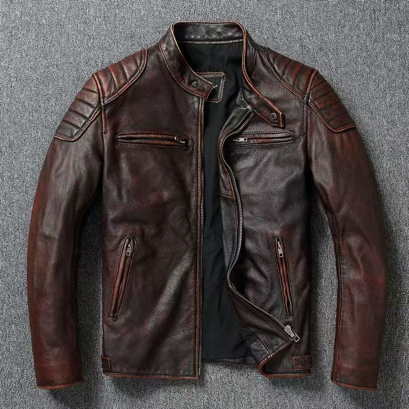 Herren Lederjacke im Vintage-Bikerstil mit Brusttaschen und Reißverschluss – Valtoré