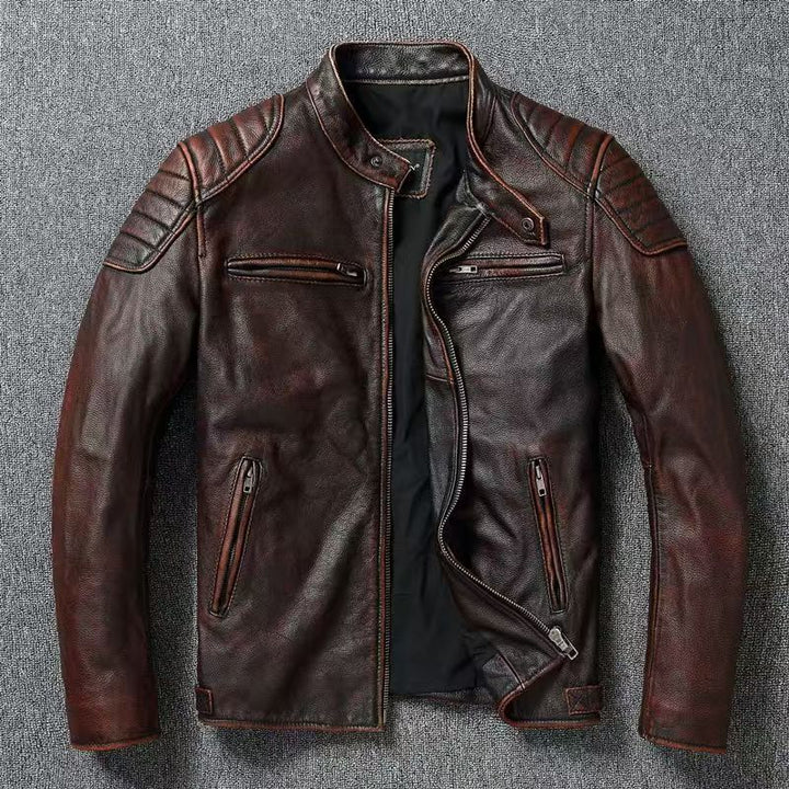 Herren Lederjacke im Vintage-Bikerstil mit Brusttaschen und Reißverschluss – Valtoré