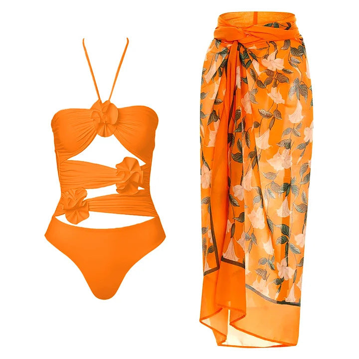 Damen Einteiliger Badeanzug mit floralem Cut-Out und Rüschen Echo Archiv