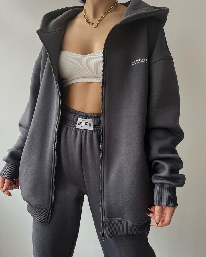 Damen Oversize Kapuzen-Sweatjacke mit Reißverschluss und High-Waist Jogginghose Set Echoarchiv