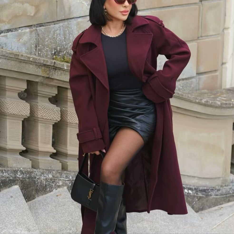 Damen Maxilanger Wollmix-Trenchcoat mit Schulterpasse, Bindegürtel und Krempelärmeln Echo Archiv