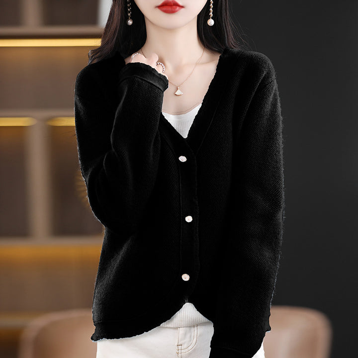 Damen Kurzgeschnittener V‑Ausschnitt‑Cardigan mit feinem Flor und Perlmuttknöpfen Echoarchiv