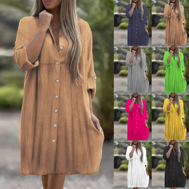 Damen Lockeres Hemdkleid mit Knopfleiste, 3/4-Ärmeln und Seitentaschen – Lunéa