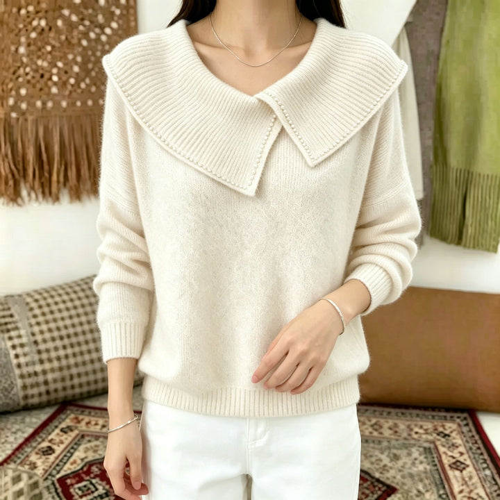 Damen Pullover mit übergroßem Matrosenkragen und Perlenbesatz – Mavelle