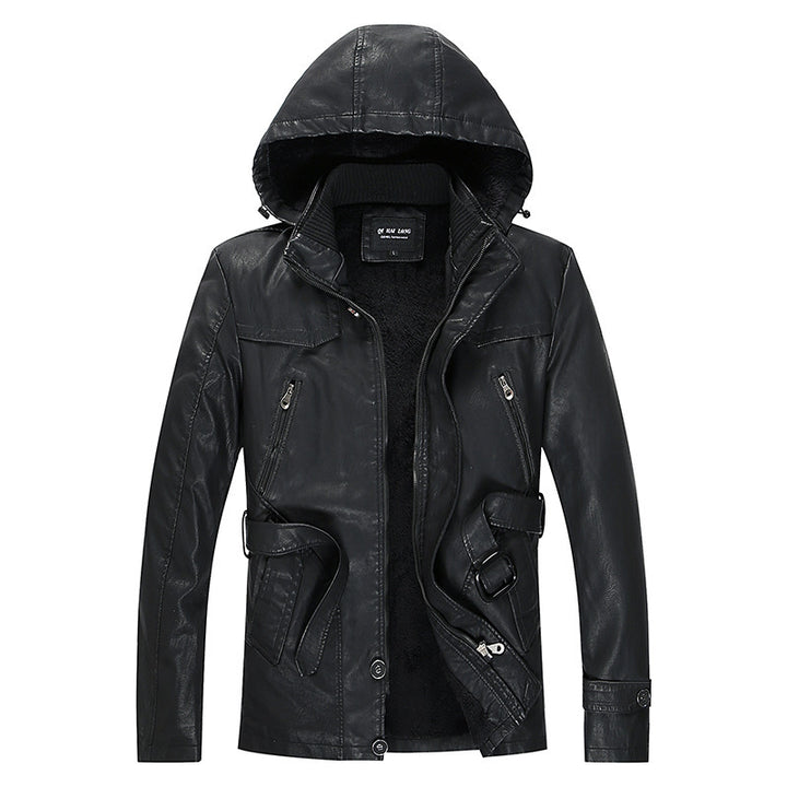 Herren Kunstlederjacke mit Kapuze, Teddyfutter und Gürtelschnalle – Valtoré