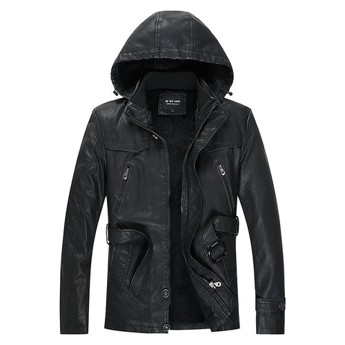Herren Kunstlederjacke mit Kapuze, Teddyfutter und Gürtelschnalle – Valtoré
