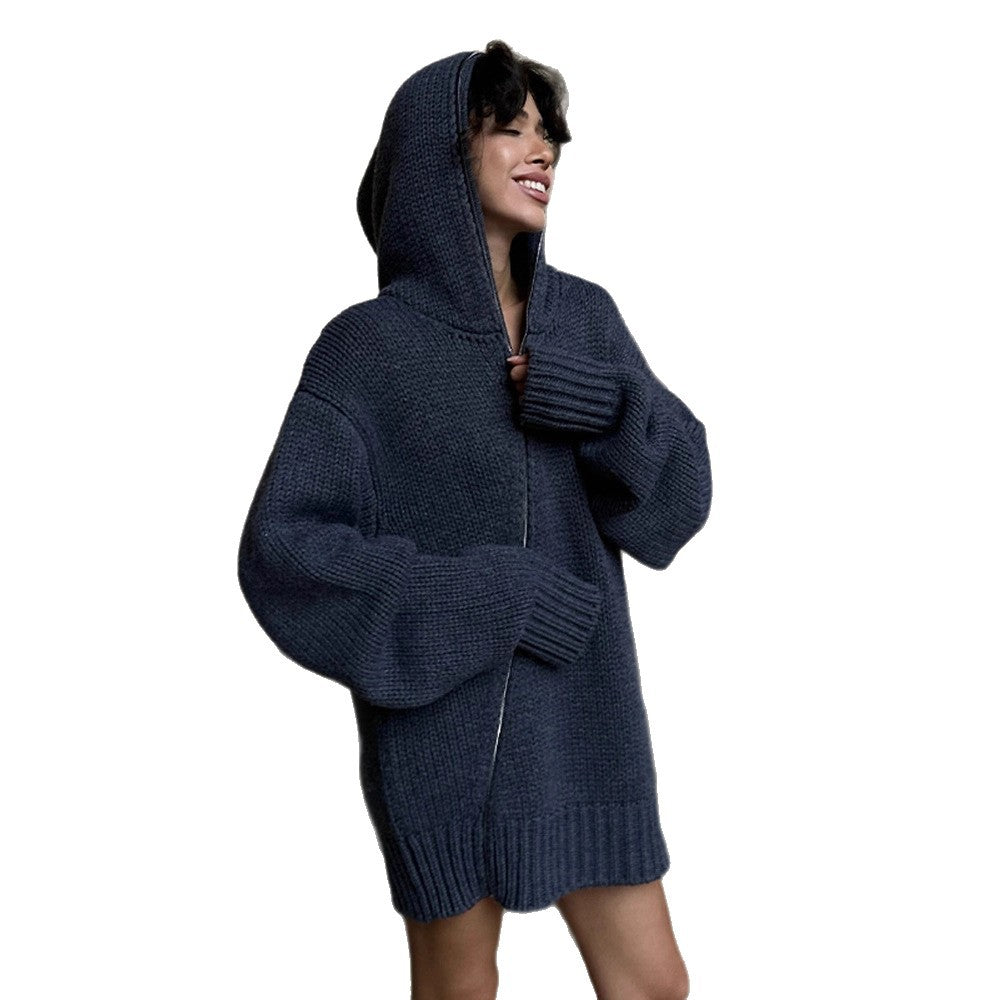 Damen Oversize Kapuzen-Strickcardigan mit Reißverschluss Echoarchiv
