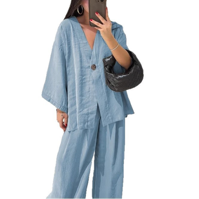 Damen nan entspanntes Zweiteiler-Leinenensemble mit kimonoartiger Oversize-Jacke und weiter Palazzohose Echo Archiv