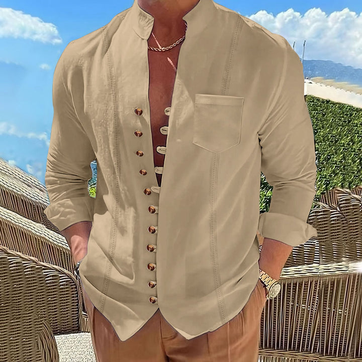 Herren modisches Langarmhemd mit Stehkragen und besonderen Knopfdetails Echoarchiv