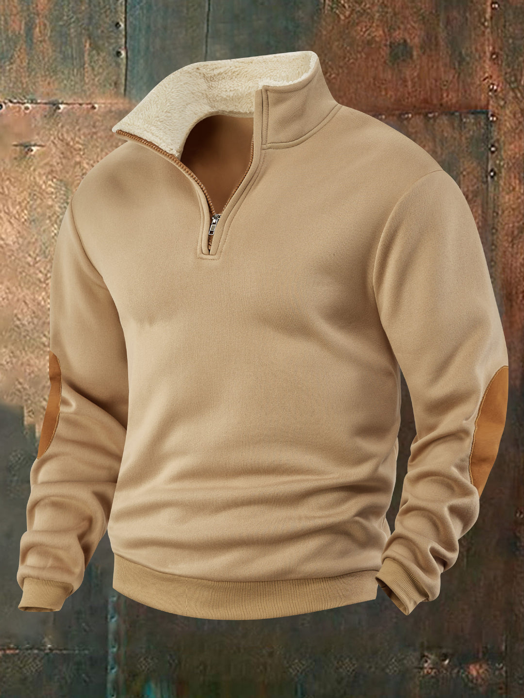Herren Fleece-Pullover mit hochabschließendem Kragen und modischen Lederapplikationen Echoarchiv