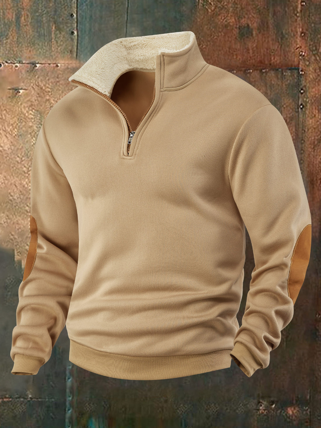 Herren Fleece-Pullover mit hochabschließendem Kragen und modischen Lederapplikationen – Marzano