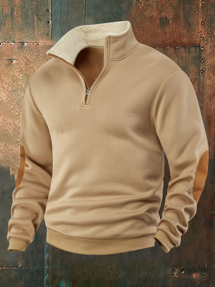 Herren Fleece-Pullover mit hochabschließendem Kragen und modischen Lederapplikationen Echoarchiv