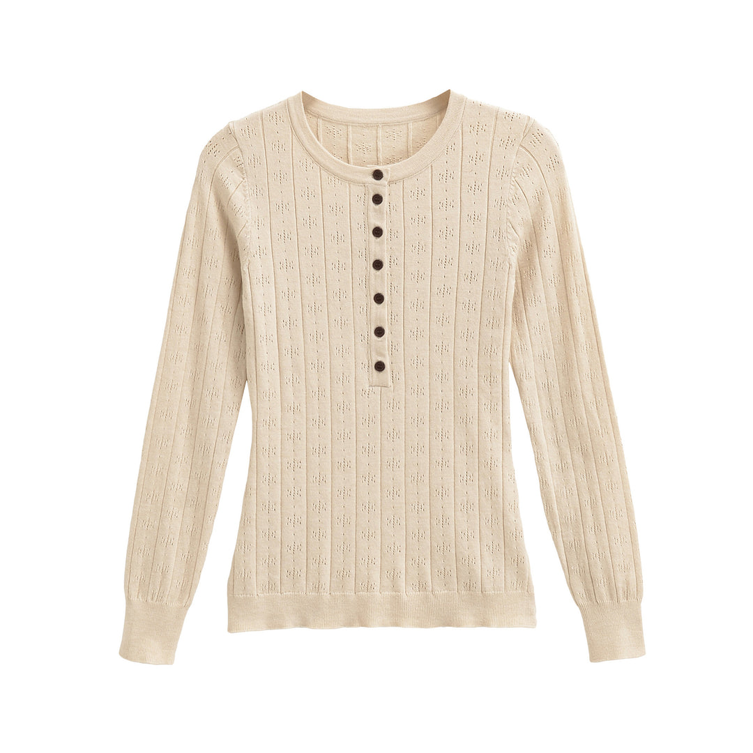 Damen Feinstrick-Longsleeve mit Knopfleiste und Strukturstrick Echoarchiv