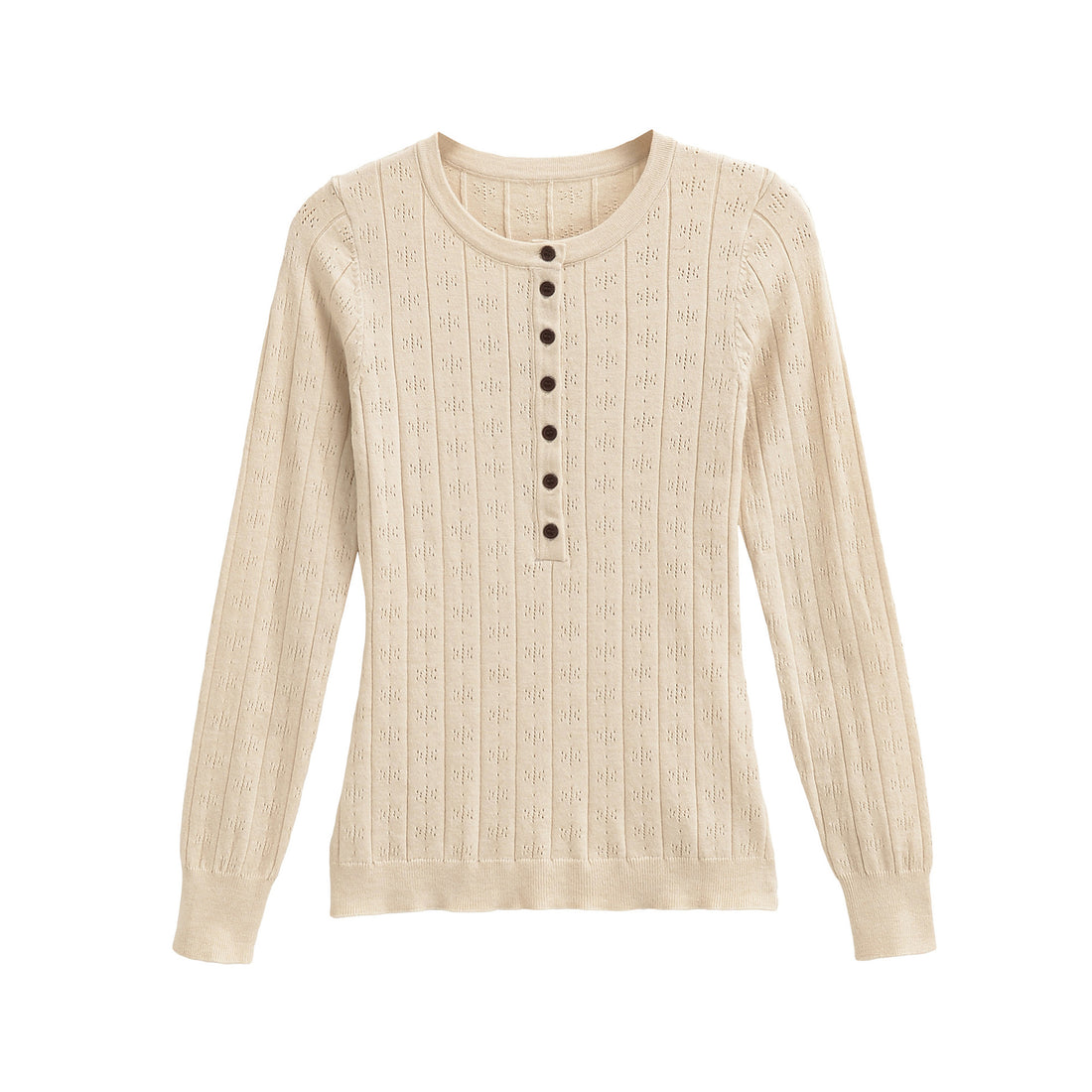 Damen Feinstrick-Longsleeve mit Knopfleiste und Strukturstrick Echoarchiv