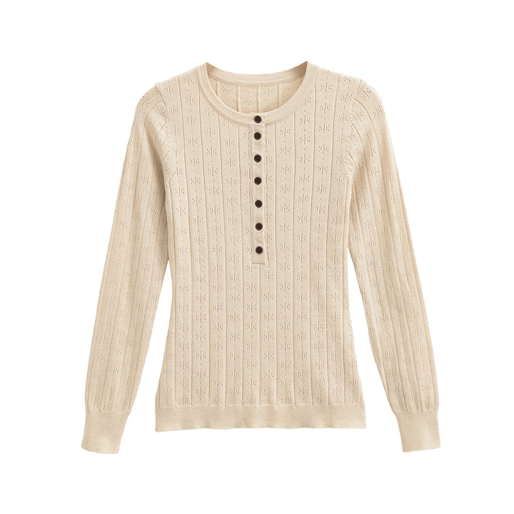 Damen Feinstrick-Longsleeve mit Knopfleiste und Strukturstrick Echoarchiv