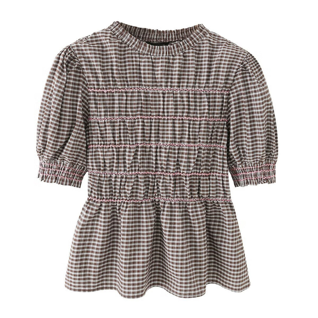Damen Kariertes Smock-Tunika-Top mit Volantbund und Puffärmeln Echo Archiv