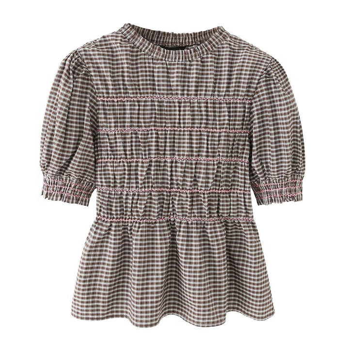 Damen Kariertes Smock-Tunika-Top mit Volantbund und Puffärmeln Echo Archiv