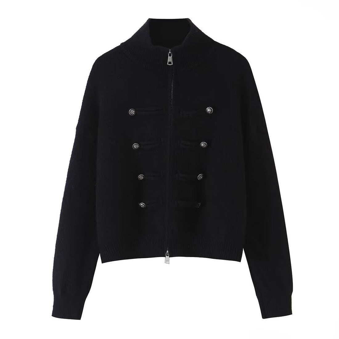 Damen Strickjacke mit Stehkragen, Reißverschluss und dekorativen Knotenblenden Echoarchiv