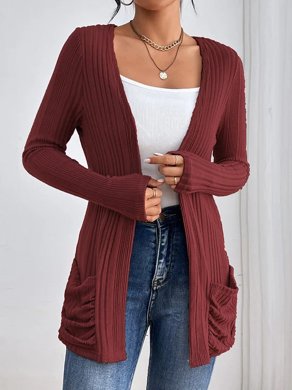 Damen Gerippter Langcardigan mit offener Front, Eingrifftaschen und legerer Passform – Veloura