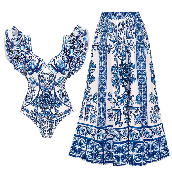 Damen Badeanzug-Set mit voluminösen Rüschendetails und elegantem Wickelrock Echo Archiv