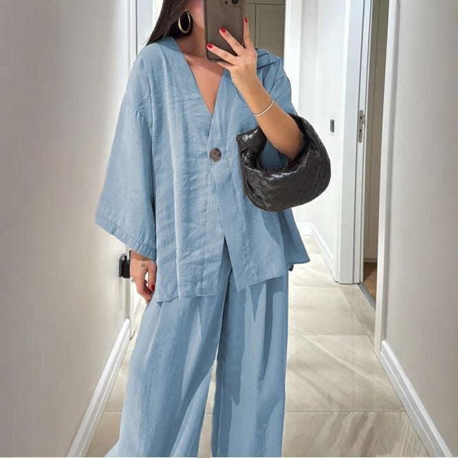 Damen nan lockeres Leinenoptik-Zweiteiler mit Kimono-Blazer und weitem Palazzo-Hose Echo Archiv