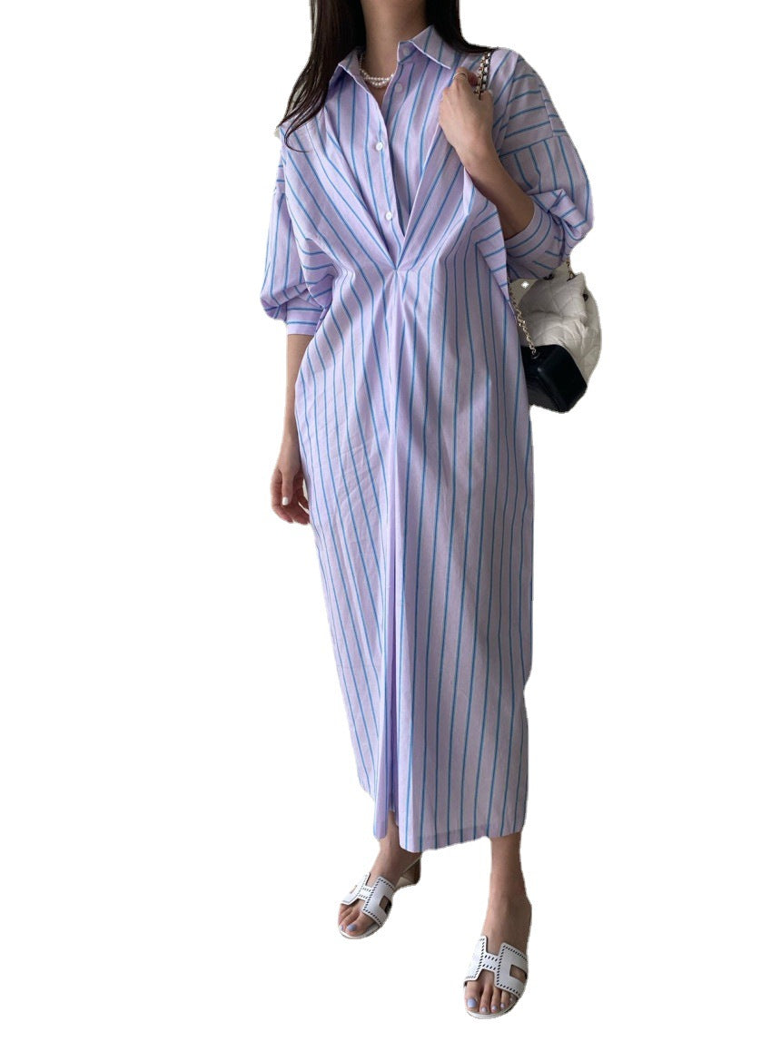 Damen Gestreiftes Hemdblusenkleid Maxi mit verdeckter Knopfleiste und Seitentaschen Echoarchiv
