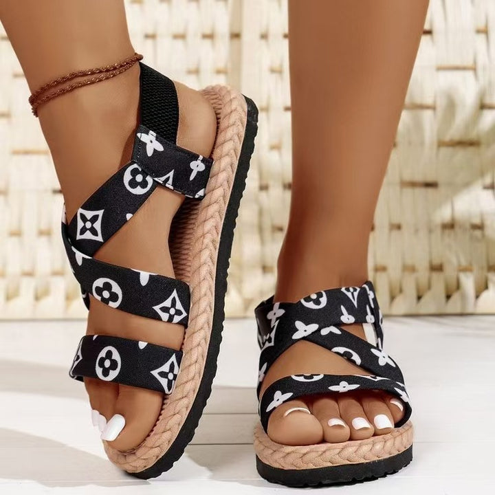 Damen nan flache Espadrille-Riemchensandalen mit geflochtenem Bastrand, elastischem Fersenband und gekreuzten Ethno-Riemen Echo Archiv