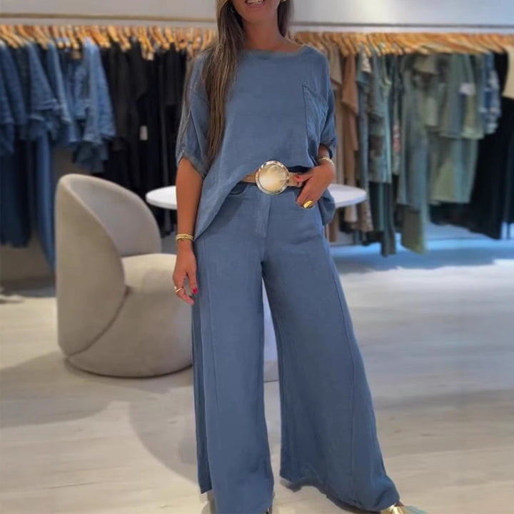 Damen nan lässiges Leinenmix-Zweiteiler mit kastigem Oversize-Top, aufgesetzter Brusttasche und weitem Palazzo-Hosenbein Echo Archiv
