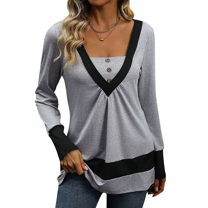 Damen Longsleeve mit tiefem V-Ausschnitt, Zierknopfleiste und Kontrastbordüren Echoarchiv